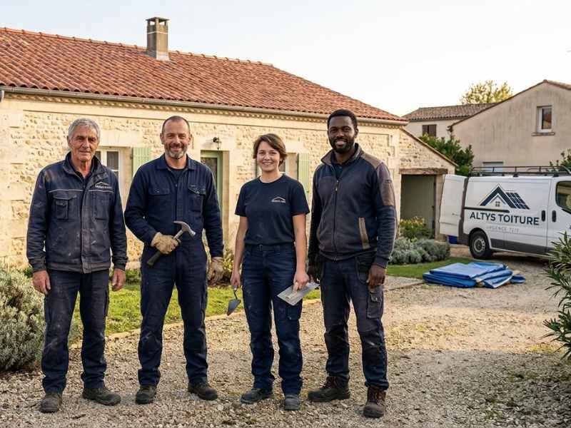 L’équipe d’Altys Toiture devant son fourgon, outils à la main, après une intervention en Gironde