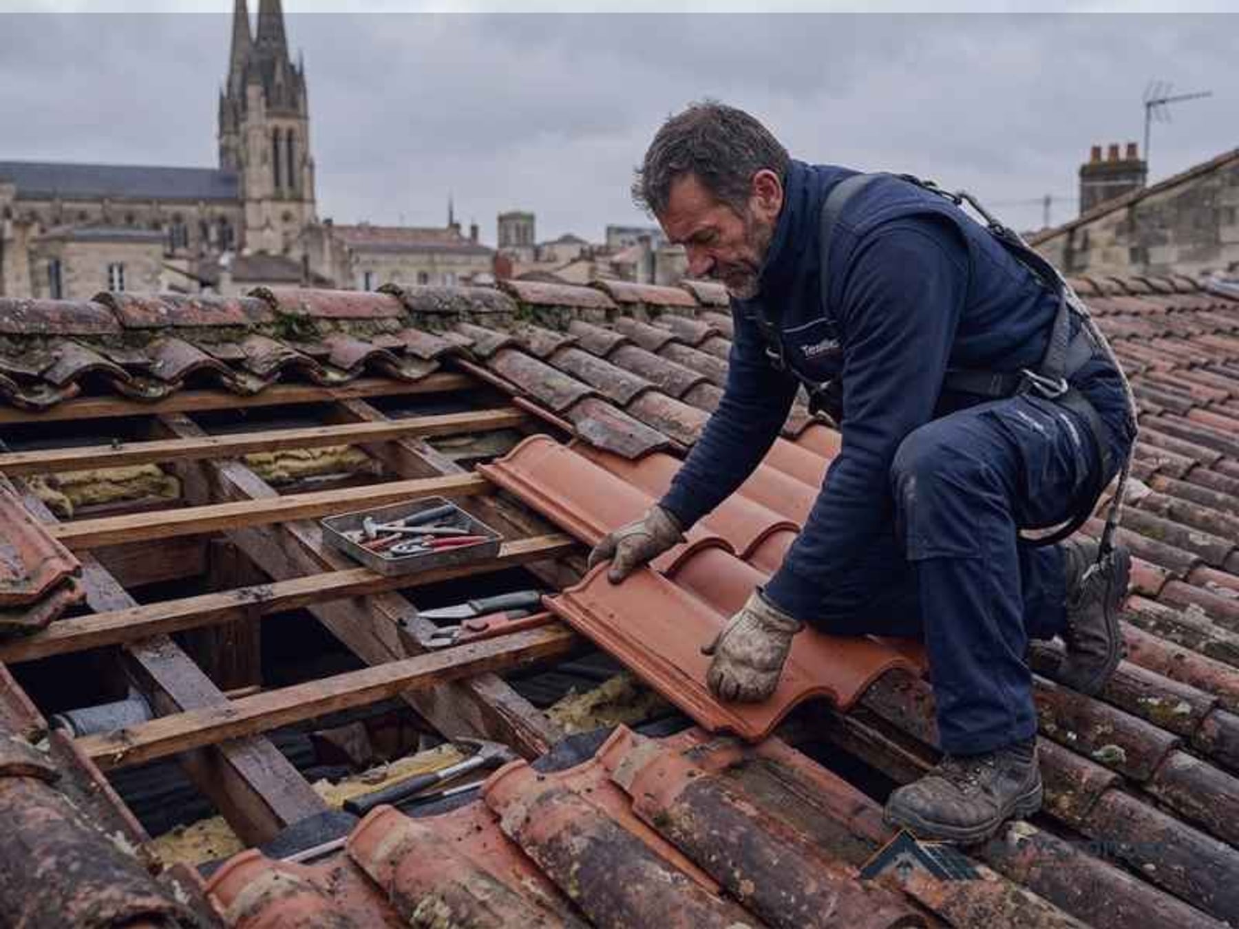 Couvreur Altys Toiture remplaçant des tuiles canal sur un toit bordelais, flèches de la cathédrale en arrière-plan